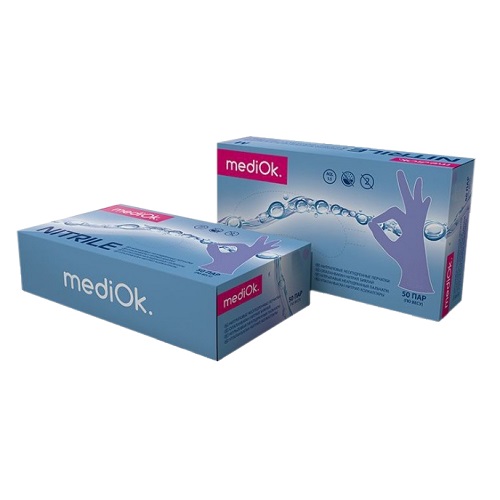Перчатки нитриловые смотровые MediOk голубые (S, 50 пар) Top Glove