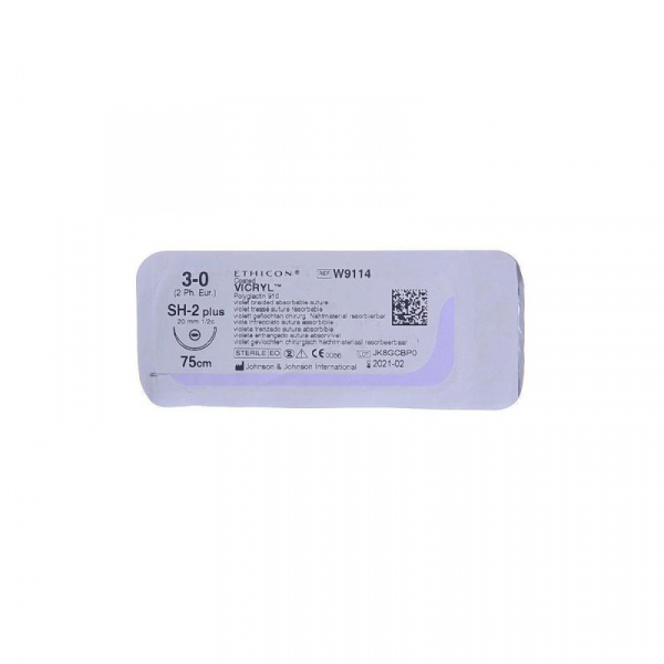 Викрил W9114 3/0 (колющая SH-2 Plus 20 мм, фиолетовая 75 см, окружность 1/2) 12шт/упак